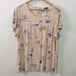 Torrid Blouse Womens 1X Beige Floral Short Sleeve Rayon